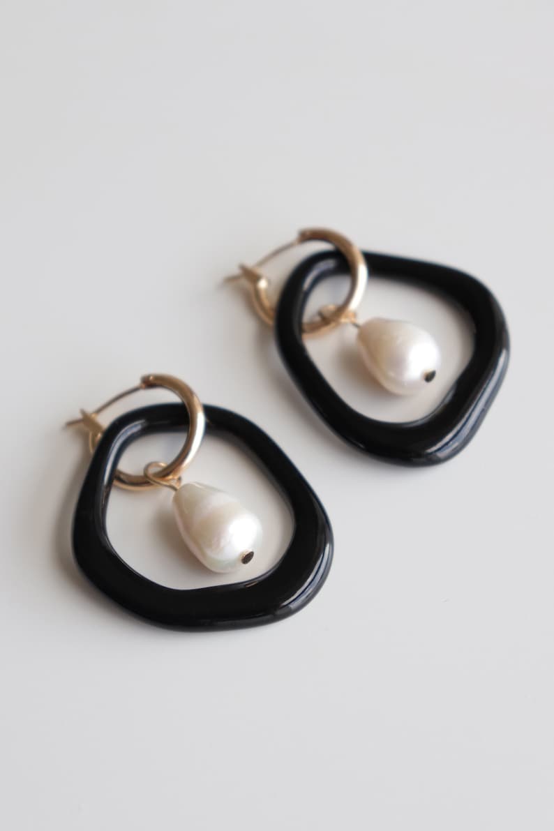 Jean Arp black earrings, Artsy earrings, Porcelain earrings with a pearl, Dadaism earrings, Unique statement jewelry image 1
