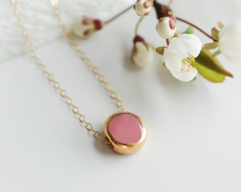 Pink and gold necklace, Porcelain necklace, Dainty Layering Necklace, Round minimalist Necklace