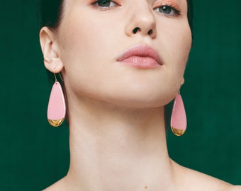 Handmade Pink Porcelain Dangle Drop 24k Gold Earrings, Elegant Sustainable Hypoallergenic Waterproof Jewelry, Unique Classy Romantic Gift