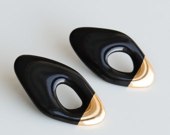 Abstract black earrings, Porcelain earrings with a gold dip, Contemporary earrings, Valentine's day gift for women