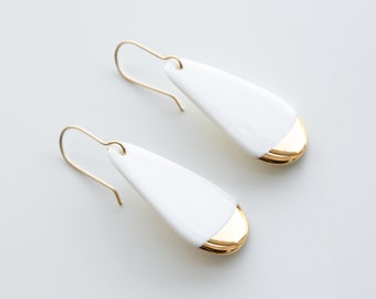 White Porcelain Earrings / Gold Dipped Earrings / Dangle Drop Earrings / Minimalist Jewelry / Ceramic Earrings / Handmade Jewelry