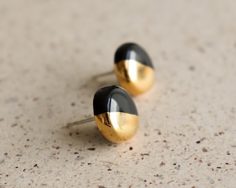 Handmade Black Porcelain 24k Gold Tiny Round Everyday Stud Earrings, Elegant Hypoallergenic Lightweight Delicate Silver Jewelry, Unique Gift