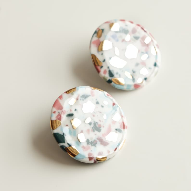 Zero waste earrings, Mosaic porcelain earrings with gold, Colorful ceramic earrings, Round earrings image 6
