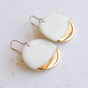 White Gold Dip Porcelain Earrings, Dangle Drop Earrings, Minimalist Jewelry, Handmade Ceramic Earrings, Round Earrings