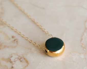 Dark Green Porcelain Pendant Necklace, Gold Dipped Necklace , Handmade Ceramic Necklace, Dainty Layering Necklace