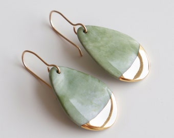 Handmade Green Marble Porcelain Dangle Drop 24k Gold Earrings, Elegant Sustainable Hypoallergenic Waterproof Jewelry, Classy Unique Gift