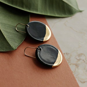 Round black porcelain earrings, Timeless jewelry with gold dip, Minimalist Earrings image 1