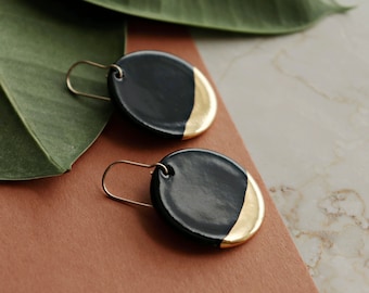 Round black porcelain earrings,  Timeless jewelry with gold dip, Minimalist Earrings