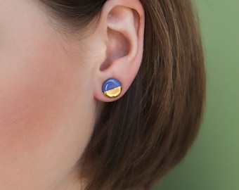 Handmade Blue Porcelain 24k Gold Tiny Round Everyday Stud Earrings, Elegant Hypoallergenic Lightweight Delicate Silver Jewelry, Unique Gift