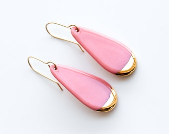 Handmade Pink Porcelain Dangle Drop 24k Gold Earrings, Elegant Sustainable Hypoallergenic Waterproof Jewelry, Unique Classy Romantic Gift