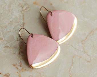 Handmade Pink Porcelain Triangle Dangle Drop 24k Gold Earrings, Elegant Sustainable Hypoallergenic Waterproof Jewelry, Classy Romantic Gift