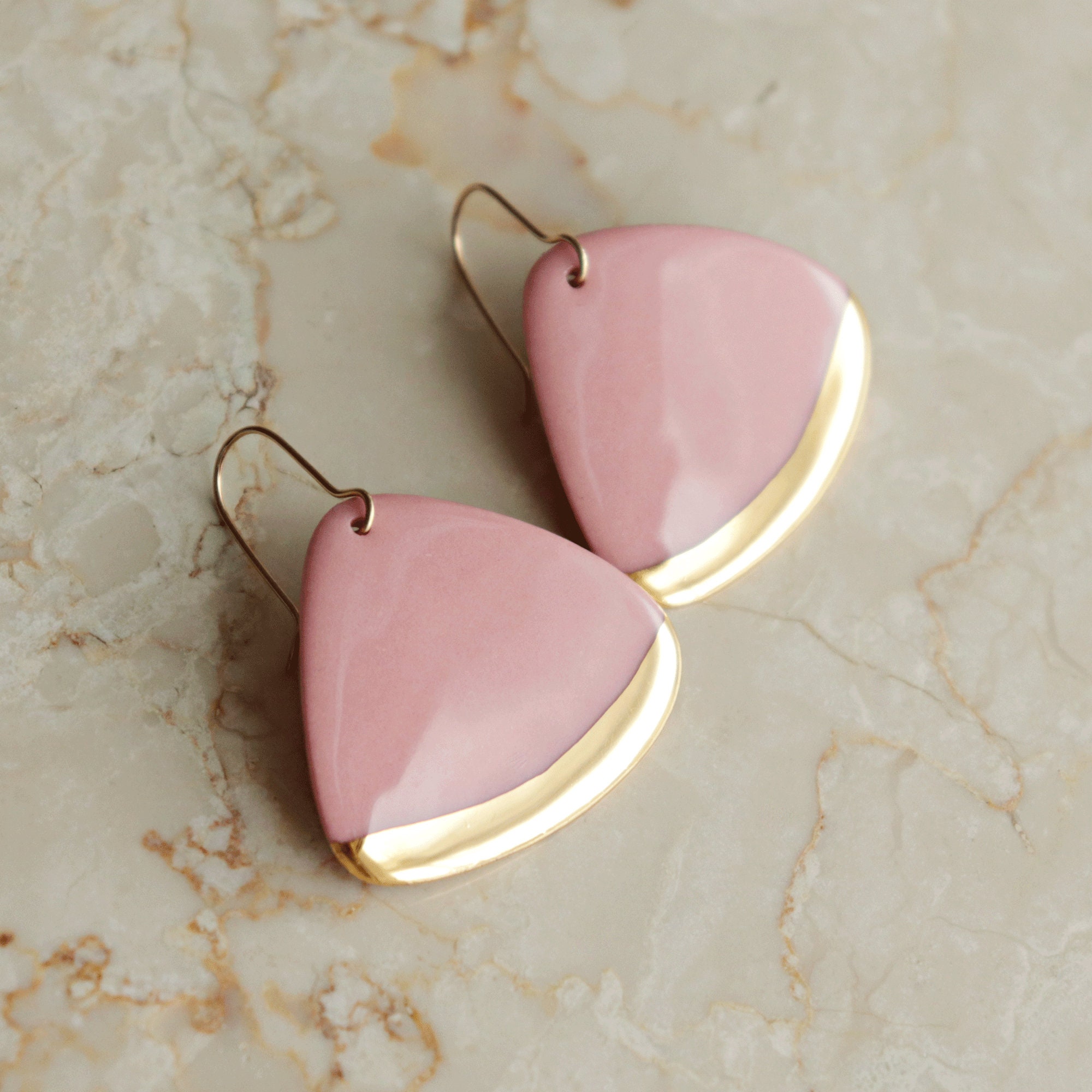 Pink Porcelain Earrings / Gold Dipped Earrings / Timeless Drop Etsy