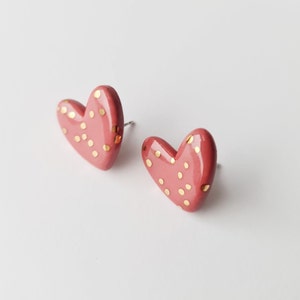 Pink heart earrings with gold polka dots, Love themed earrings, Gift for a new mom