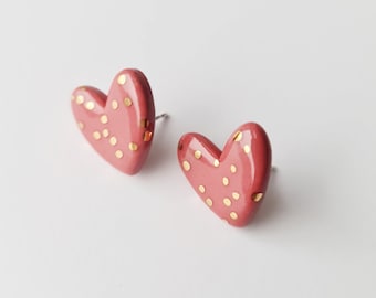 Pink heart earrings with gold polka dots, Love themed earrings, Gift for a new mom