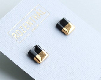 Handmade Black Porcelain Everyday 24k Gold Square Stud Earrings, Elegant Hypoallergenic Lightweight Delicate Silver Jewelry, Unique Gift