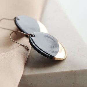 Round black porcelain earrings, Timeless jewelry with gold dip, Minimalist Earrings image 7