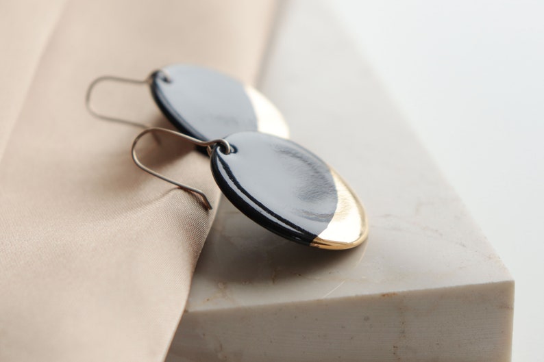 Round black porcelain earrings, Timeless jewelry with gold dip, Minimalist Earrings image 7