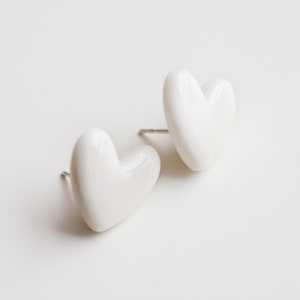 Minimalist white heart earrings, Cute birthday gift for women, Simple heart shaped porcelain earrings