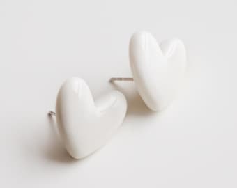 Minimalist white heart earrings, Cute birthday gift for women, Simple heart shaped porcelain earrings