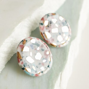 Zero waste earrings, Mosaic porcelain earrings with gold, Colorful ceramic earrings, Round earrings image 3