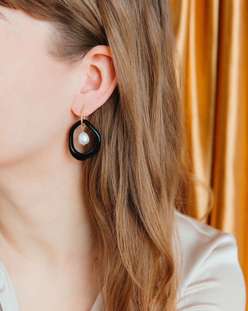 Jean Arp black earrings, Artsy earrings, Porcelain earrings with a pearl, Dadaism earrings, Unique statement jewelry image 2
