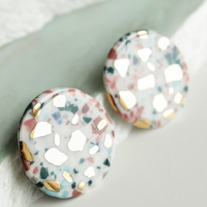 Zero waste earrings, Mosaic porcelain earrings with gold, Colorful ceramic earrings, Round earrings image 4
