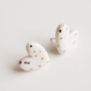 White heart earrings with gold polka dots, Valentine's gift for women, Heart shaped porcelain earrings