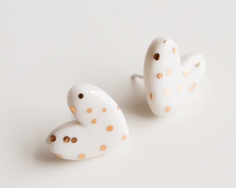 White heart earrings with gold polka dots, Valentine's gift for women, Heart shaped porcelain earrings