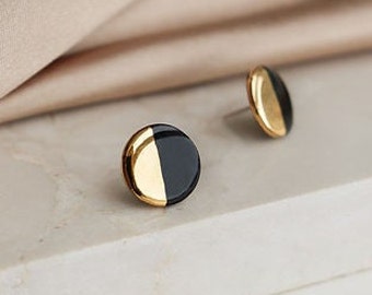 Handmade Black Porcelain 24k Gold Tiny Round Everyday Stud Earrings, Elegant Hypoallergenic Lightweight Delicate Silver Jewelry, Unique Gift