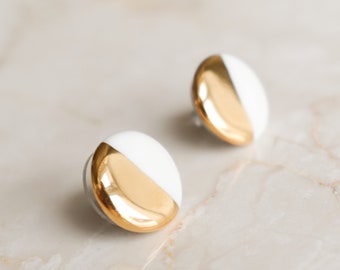 Minimalist white earrings, White and gold earrings, Handmade anniversary gift