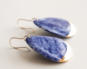 Handmade Blue Marble Porcelain Dangle Drop 24k Gold Earrings, Elegant Sustainable Hypoallergenic Waterproof Jewelry, Unique Romantic Gift