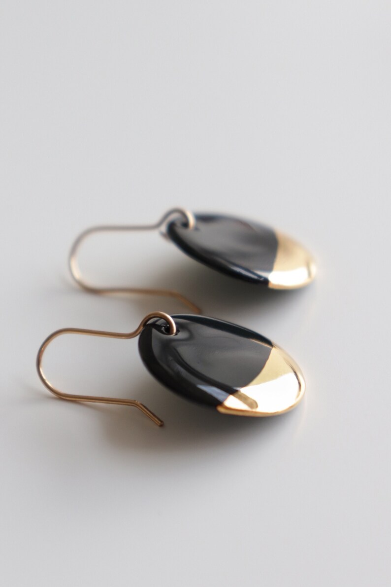 Small black porcelain earrings / Elegant earrings / Classic bijoux / Earrings with gold luster / Handmade bijoux / Romantic dangle earrings image 1