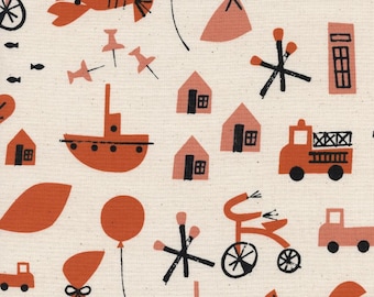 Spectacle Commotion CB9003-002 in Natural Unbleached Cotton Fabric Red Fire Truck Lobster Boys Fabric - Cotton and Steel Fabric By The Yard