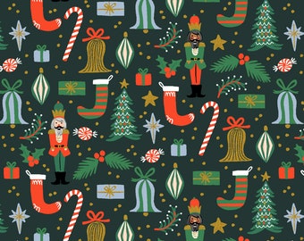 Rifle Paper Company RP614-EV1M Holiday Classics Deck The Halls in Evergreen Metallic Fabric Cotton and Steel 100% Cotton Fabric By The Yard