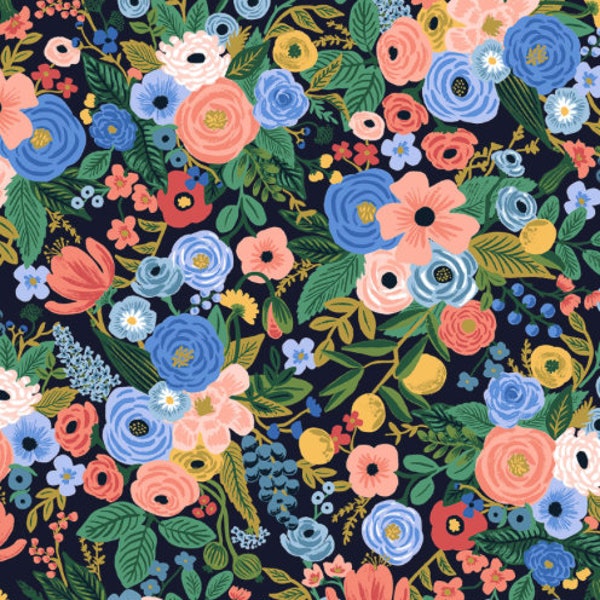 Rifle Paper Company RP100-NA2 Wildwood Collection Garden Party In Navy Fabric Cotton and Steel - 100% Cotton Fabric By The Yard