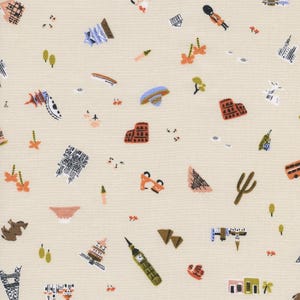 May include: A beige fabric with a repeating pattern of various landmarks and symbols from around the world. The pattern includes a bicycle, a cactus, a sombrero, a pagoda, a pyramid, a castle, a tower, a bus, and a Ferris wheel.