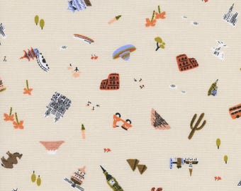 Rifle Paper Company AB8043-001 Amalfi Explorer in Natural Unbleached Cotton Fabric - Cotton and Steel 100% Cotton Fabric By The Yard