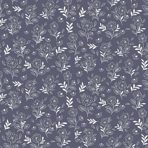 May include: A seamless pattern featuring white floral designs on a dark purple background. The pattern includes small and large flowers, leaves, and stems.