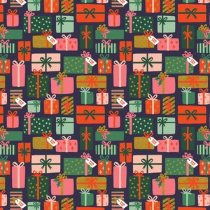 Rifle Paper Company RP615-NA2M Holiday Classics - Holiday Gifts in Navy Metallic Fabric Cotton and Steel - 100% Cotton Fabric By The Yard