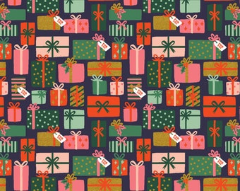 Rifle Paper Company RP615-NA2M Holiday Classics - Holiday Gifts in Navy Metallic Fabric Cotton and Steel - 100% Cotton Fabric By The Yard