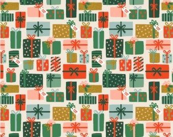 Rifle Paper Company RP615-CR1M Holiday Classics - Holiday Gifts in Cream Metallic Fabric Cotton and Steel - 100% Cotton Fabric By The Yard