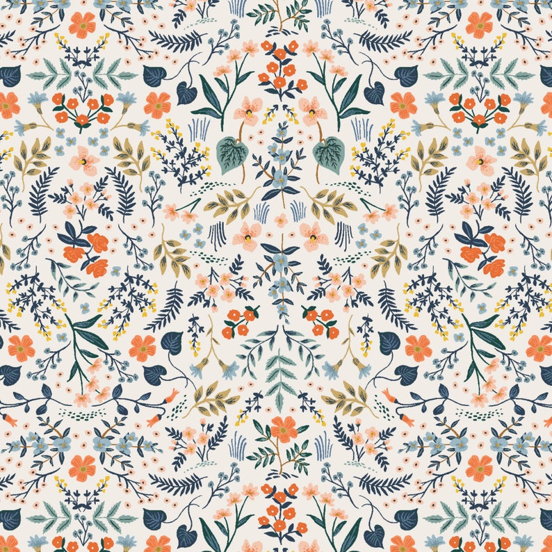 May include: A seamless pattern featuring a variety of flowers and leaves in shades of blue, green, orange, and pink on a cream background.