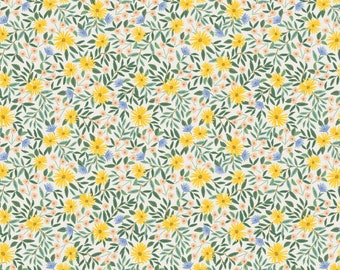 Rifle Paper Company Bramble Collection Yellow Daisy Fields in Cream Metallic Fabric For Cotton and Steel - 100% Cotton Fabric By The Yard