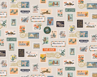 Rifle Paper Company RP802-FL4M Bon Voyage Collection Postage Stamps Flax Metallic Fabric Cotton and Steel - 100% Cotton Fabric By The Yard