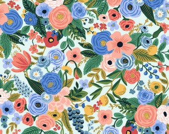 Rifle Paper Company RP104-BL2  Wildwood Collection PETITE Garden Party In Blue Fabric Cotton and Steel - 100% Cotton Fabric By The Yard