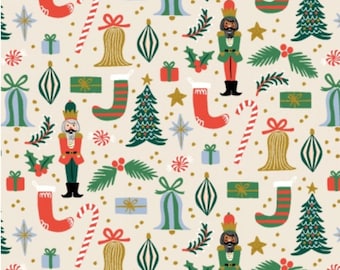 Rifle Paper Company RP614-CR2M Holiday Classics - Deck The Halls in Cream Metallic Fabric Cotton and Steel - 100% Cotton Fabric By The Yard