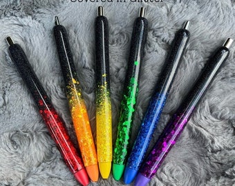 READY TO SHIP-Rainbow Chunky Glitter Black Holo Glitter Pen Set Epoxy Pen Unique Gift Inkjoy Gel Pen Resin Primary Colors Teachers Gift