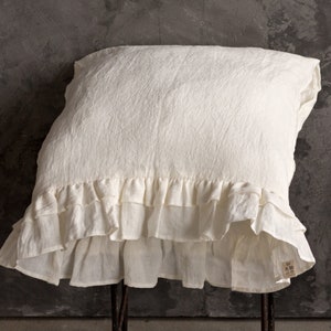 Off white linen pillow sham with ruffles - cream white softened linen pillow- ivory white pillow- standard, queen, king, deco, lumbar sizes