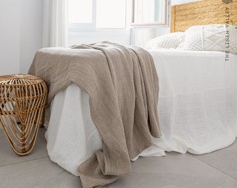 RUSTIC HEAVY linen waffle throw-softened linen blanket-rustic linen-pre washed not bleached linen coverlet-softened linen throw quilt