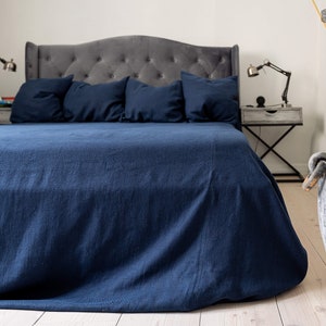 Navy blue linen bedspread- linen bed cover-dark blue  queen king size quilt- linen coverlet-Softened linen throw quilt